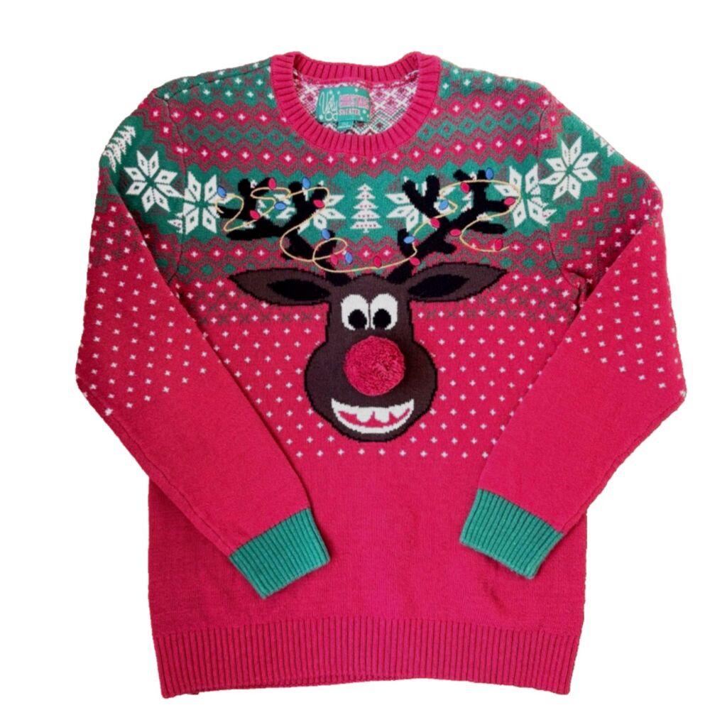 Men's Red Ugly Christmas Sweater Rudolph Red Nose Reindeer Pom Pom Nose Size L